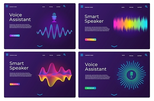 Voice assistant landing pages. Web templates for smart speaker with audio waves and microphone. Online sound recognition app page vector set. Smart voice for application, digital ai illustration