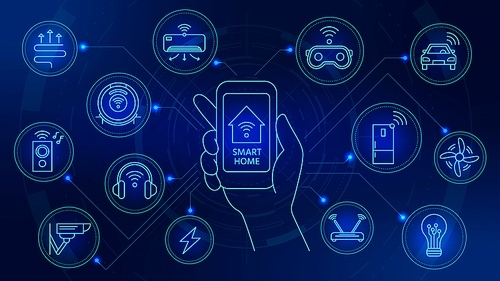 Smart home technology. Connected devices with smartphone app control. Internet of things automation system with digital icons vector concept. Illustration smartphone house, smart security app