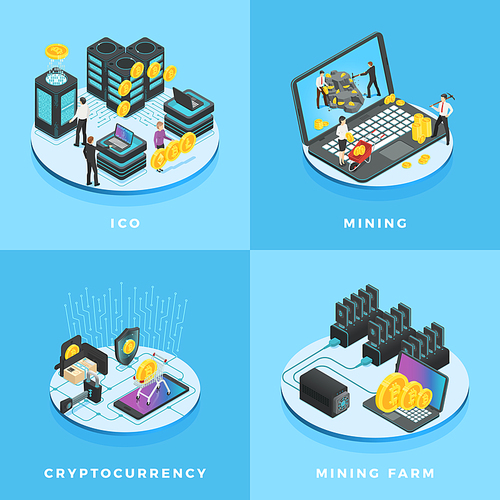Cryptocurrency illustration. Electronic money, currency mining, ICO and bitcoin blockchain computer network finance investment crypto coin chain isometric cryptography concept vector illustration set