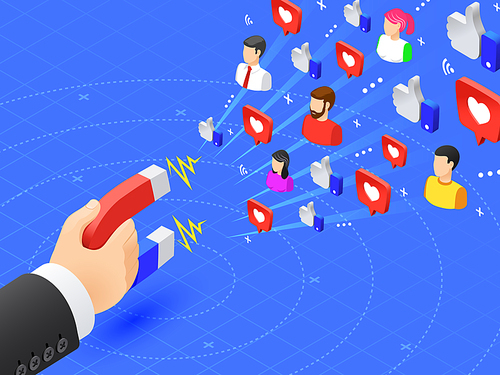 Marketing magnet engaging followers. Social media likes and follows magnetism engagement campaign. Influencer advertise strategy sharing content customer retention engage campaigns vector illustration