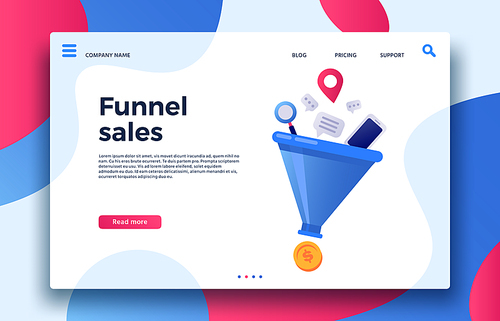 Funnel sales. Landing page business marketing sales generation, buyer conversion and money profit generations or business purchase infochart. Marketing infographic vector illustration