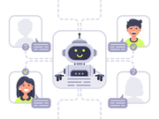 Human communicates with chatbot. Virtual assistant, support and online assistance conversation with chat bot or talking to artificial intelligence. Cyber dialog vector illustration
