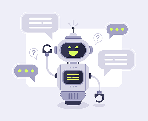 Chat bot messages. Smart chatbot assistant conversation, online customer support robot and talking to machine bots. Message answering robots chatting customer service vector illustration