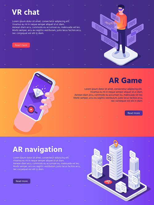 Mobile augmented reality. Isometric virtual AR device entertainment banners. Virtual reality, vr augmentation online marketing optimization or cityscape simulation vector concept illustration