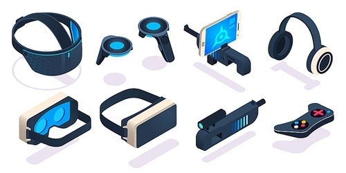Virtual reality gaming equipment. Digital device or portable gadget for games as 3d glasses, headset, joystick and gun with place for mobile phone simulators for vr vector illustration