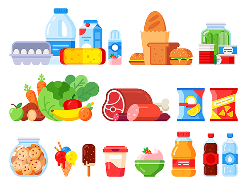 Food products. Packed cooking product, supermarket goods and canned food. Cookie jar, whipped cream and eggs pack. Supermarkets shopping, various vegetables flat vector isolated icons set