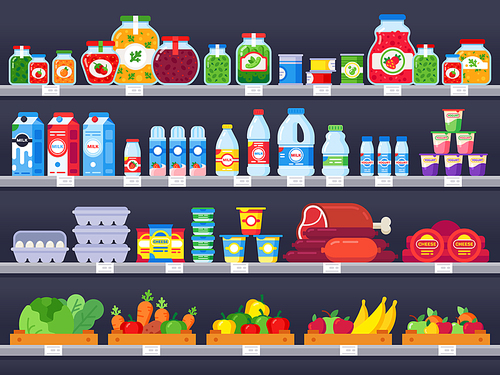 Food products on shop shelf. Supermarket shopping shelves, food store showcase and choice packed meal products sale. Grocery market variety product shelf vector illustration