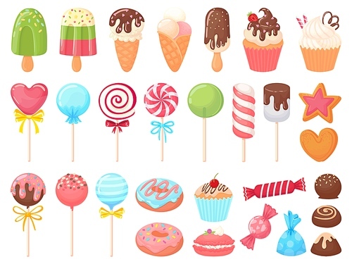 Cartoon sweets. Sweet ice cream, cupcakes and chocolate candies. Delicious donut, cookies and candy on stick vector illustration set. Collection of tasty confections, muffins, ice pops, lollipops.