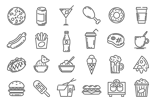 Fast food line icons. Cafeteria snack, sandwich, drink, pizza, hamburger and hotdog. Outline takeaway dishes and cafe menu symbol vector set. Ice cream and french fries, asian noodles