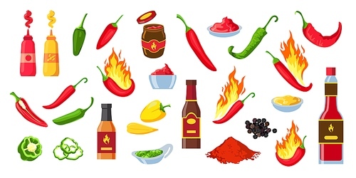 Cartoon hot sauce. Chili ketchup bottles and jars, wasabi and mustard. Souce splashes, spicy dip and cayenne pepper with flames vector set. Pepper in fire, seasoning dishes or meal