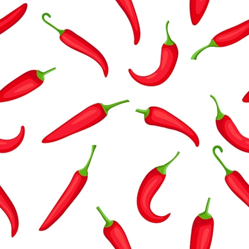 Chili pepper seamless pattern. Cartoon spicy hot red peppers, texture for fire sauces and mexican food. Condiment from mexico vector print. Natural ingredients for seasoning, cafe design