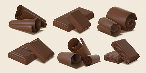 Realistic dark chocolate shavings, flakes, curls and bar pieces. 3d sweet cocoa candy spirals. Bitter or milk chocolate slices vector set. Delicious dessert and food snack isolated elements