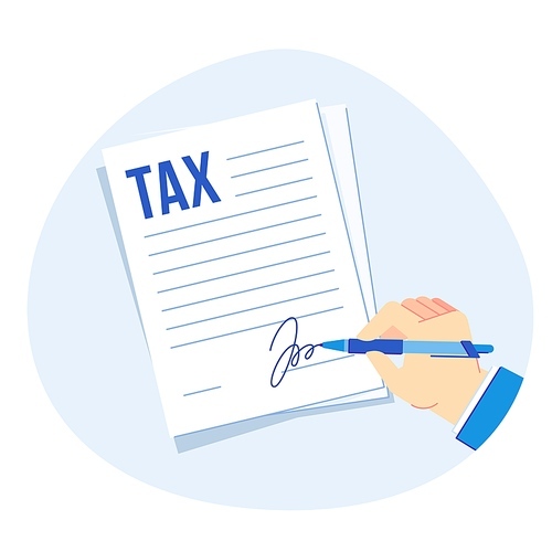 Tax form signing. Corporate taxes report, businesses finance accounting and taxation. Money budget papers decoments act, exam lease or law documentation paper report vector illustration