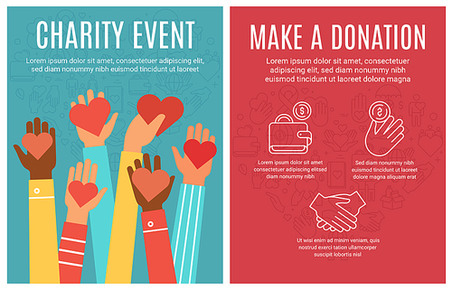 Charity event flyer. Donation and volunteering poster. Hands donate hearts and line icon elements. Community help brochure vector concept. People sharing money and love with raised arms