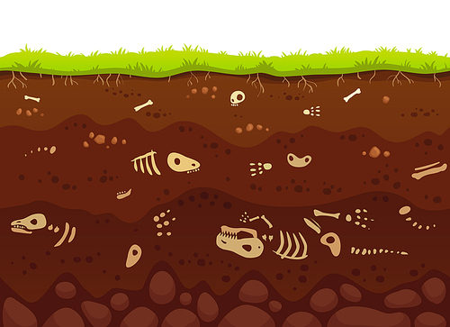 archeology bones in soil layers. buried fossil animals, dinosaur skeleton bone in dirt and underground clay layer or death Dinosaur in dirty earth, geological vector cartoon illustration