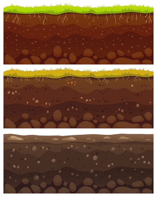 Seamless soil layers. Layered dirt clay, ground layer with stones and grass on dirts cliff texture, underground buried rock, archeology landscape cartoon vector pattern isolated set