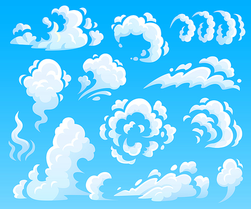Cartoon clouds and smoke. Dust cloud, fast action icons. Sky, puff steam or air fog. Atmosphere cloudscape explosion weather vector isolated illustration collection