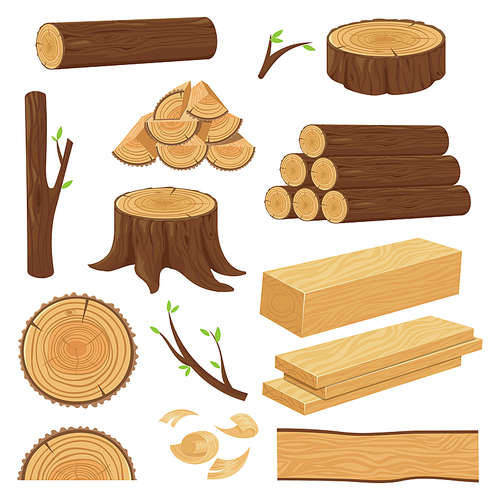 Wood trunks. Stacked lumber material, trunk twig and firewood logging twigs. Tree stump, old wooden plank or timber log for campfire. Cracked trunks isolated cartoon vector icons set