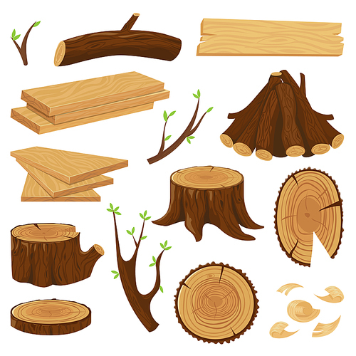 Timber wood trunk. Stacked firewood, logging tree trunks and pile of wood log, cracked oak or pine lumber. Woodcutter wood forest material cartoon isolated vector icons set