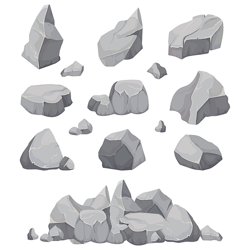 Rock stones. Graphite stone, coal and rocks pile for wall or mountain pebble. Gravel pebbles, gray stone heap cartoon isolated vector icons illustration set