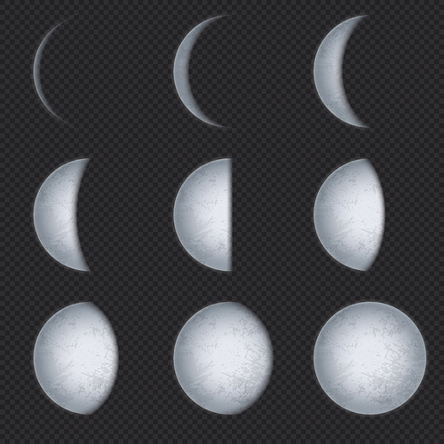 Realistic moon phases. Lunar phase, full luna and new crescent with night sky. Earth satellite surface with texture astronomical vector set. Astronomy lunar phase crescent and eclipse illustration