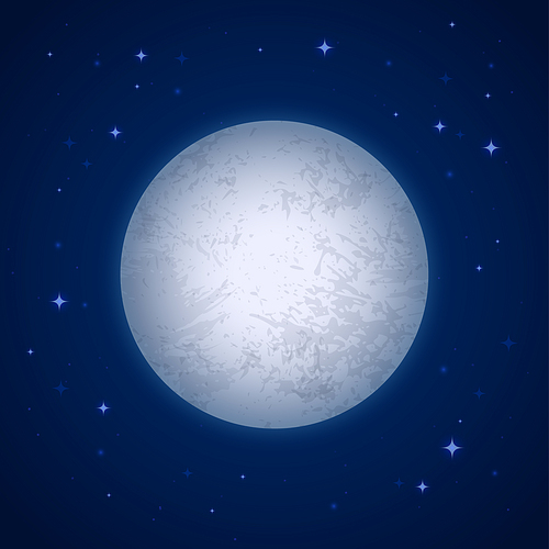 Realistic moon. Earth satellite close up with detailed craters, space moonlight, round white luna and stars on night sky vector illustration. Astronomical body orbiting Earth planet