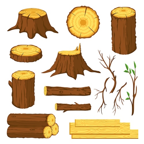 Wood logs. Firewood, tree stumps with rings, trunks, branches and twigs. Lumber industry forest materials. Wooden planks, timber vector set. Production industry elements. Hardwood for fireplace