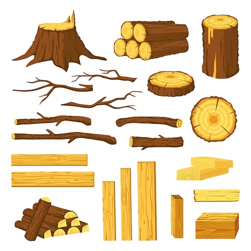 Wood trunks and planks. Raw materials for lumber industry, logs, stumps, tree stubs with bark and wooden bars. Cartoon firewood vector set isolated on white. Carpentry concept, pieces of wood