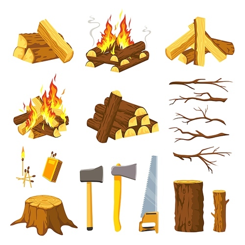 Wood campfire. Tree logs pile, branches, lumberjack ax, saw and matches for make bonfire. Burn firewood stack with flames, timber vector set. Equipment for cutting wood, outdoor hiking