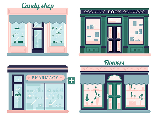 Modern stores set. Candy shop facade and urban book retail store. Local retail pharmacy and flowers boutique urban shopping retro street market building. Outdoor storefront vector isolated icon set