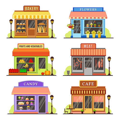 Flat store. Modern shop, boutique shopfront and restaurant building facade design of cafe, flower boutique. Shopping retail urban stores modern market exterior cartoon illustration isolated icon set