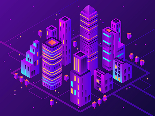 Isometric neon town. Futuristic illuminated city, future megapolis highway illumination electrical construction and night business district building, modern cityscape 3d vector illustration