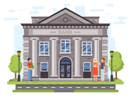 Banking operations. Bank building facade with columns. People carry money to banks or loan, use ATM and send remittances, government roman financial institute or courthouse vector flat illustration
