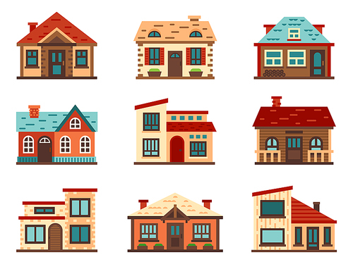 Suburban house. Living houses, housing roof building and home facade vector flat illustration. Front view flat cartoon residential homes icons