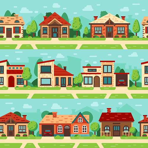 Seamless suburban houses. Panoramic cityscape with house exterior, buildings and europe town road. Urban european street architecture modern exterior scene. Flat vector background set