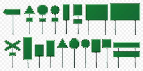 Green road sign board. Direction signs boards on metal stand, empty pointer post and directing signboard. Street road board, warning highway square billboard. Isolated vector symbols set