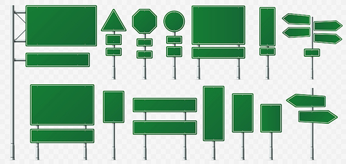 Direction sign board. Road destination signs, street signage boards and green directing signboard pointer. City roads guide signpost. Isolated vector illustration symbols set