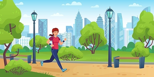 Girl jogging in city park. Active woman run on training, outdoor sport activities and healthy lifestyle cartoon vector illustration. Girl jogging and fitness exercise, woman activity workout