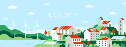 Eco city. Urban landscape of future town use alternative energy sources solar panel and windmills. Save environment ecology vector concept. Town with green wild nature and renewable energy