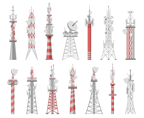 Wireless towers. Telecommunication network tower. Mobile and radio airwave connection systems. Communication satellite antennas vector set. Technology construction station for signal