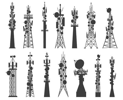 Radio tower silhouette. Satellite communication antenna. Telecom network cellular broadcast equipment. Wireless technology masts vector set. Equipment for internet waves transmission