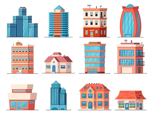 Cartoon office city buildings, skyscraper and downtown apartment house. Real estate, business tower, shop and cafe building. Town vector set of building office, cityscape urban downtown