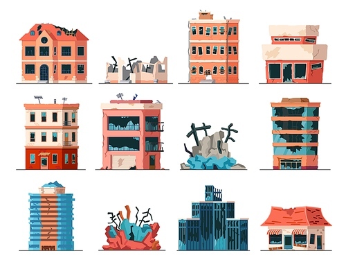 Old ruined, abandoned and collapsed city office buildings. Apartment houses damaged war or earthquake. Broken town buildings vector set. Illustration of abandoned building after collapse destruction