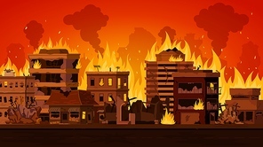 Cartoon apocalyptic city landscape with destroyed building on fire. Cityscape with burn street houses and smoke. Fire in town vector. Illustration of wildfire district, city damage and destroyed fire