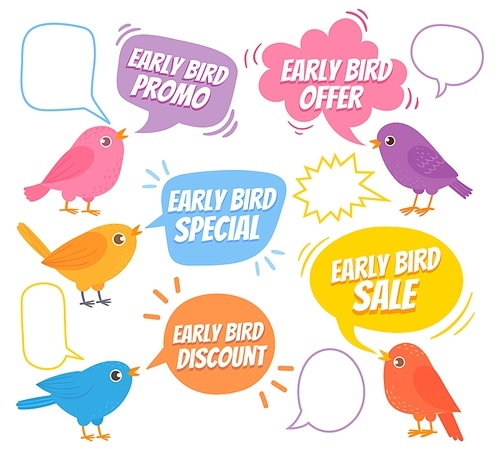 Early birds. Trendy design with bird and speech bubble, special offer sale, promotion market, discount advertising price cartoon vector set. Notification with promo. Trendy design template