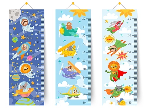 Kids height chart. Cartoon wall ruler for children with animals astronaut in space, pilots in sky and superheroes, sticker meter vector set. Growth measurement at school or kindergarten