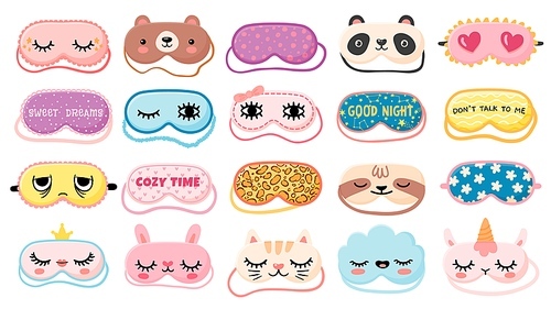 Masks for dreaming. Night mask with cute girl eyes, sleep quotes, panda, bear and cat faces. Cartoon animal mask for pajama print vector set. Nightwear elements for resting and relaxation