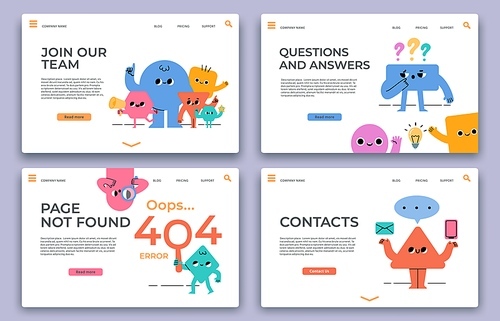 Landing web pages. Join our team, hiring, QA online support service, 404 error and contact website page with abstract characters vector set. Page not found business company template