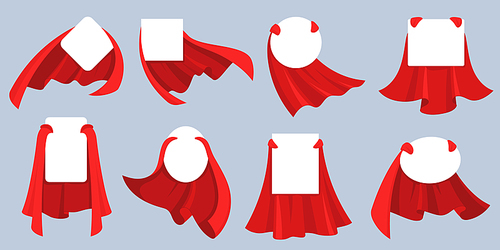 Red hero cape label. White empty badges with super hero, power man cloak. Cartoon vector mockup for kids product advertising. Super cloak hero for discount banner, child fashion mantle illustration