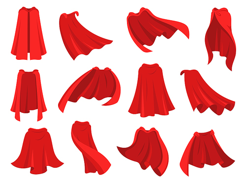 Superhero red cape. Scarlet fabric silk cloak in different position, front back and side view. Mantle costume, magic cover cartoon vector set. Satin flowing and flying carnival vampire clothes